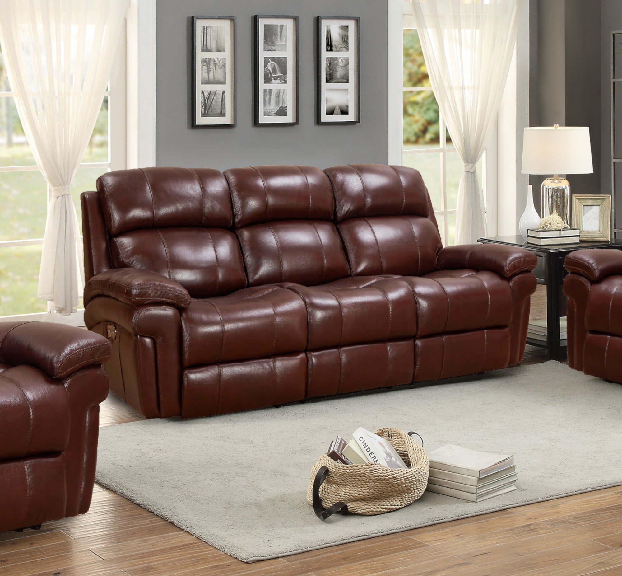 Sunset Trading Luxe Leather Reclining Sofa With Power Headrest 3 Seater Dual Recline USB Ports Brown Wayfair